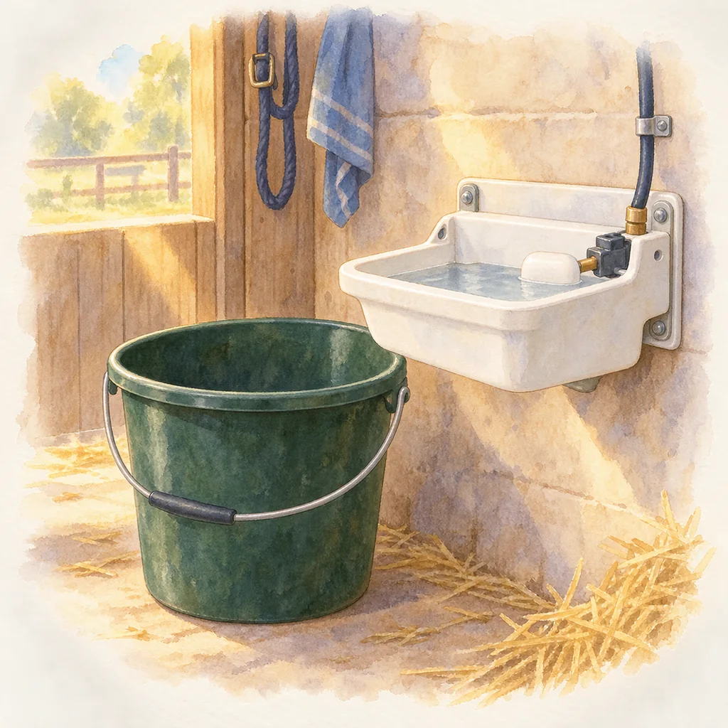 Seau et abreuvoir, illustration à l'aquarelle