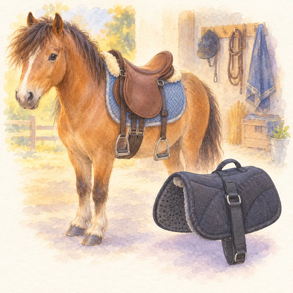 Selle sans arçon et tapis de monte à cru, illustration à l'aquarelle