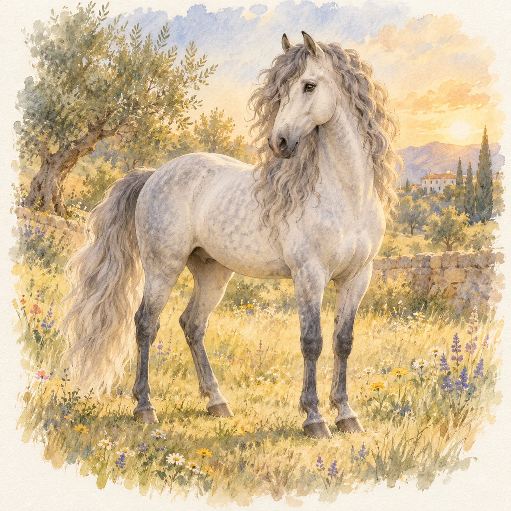 Andalou (pure race espagnole), illustration à l'aquarelle