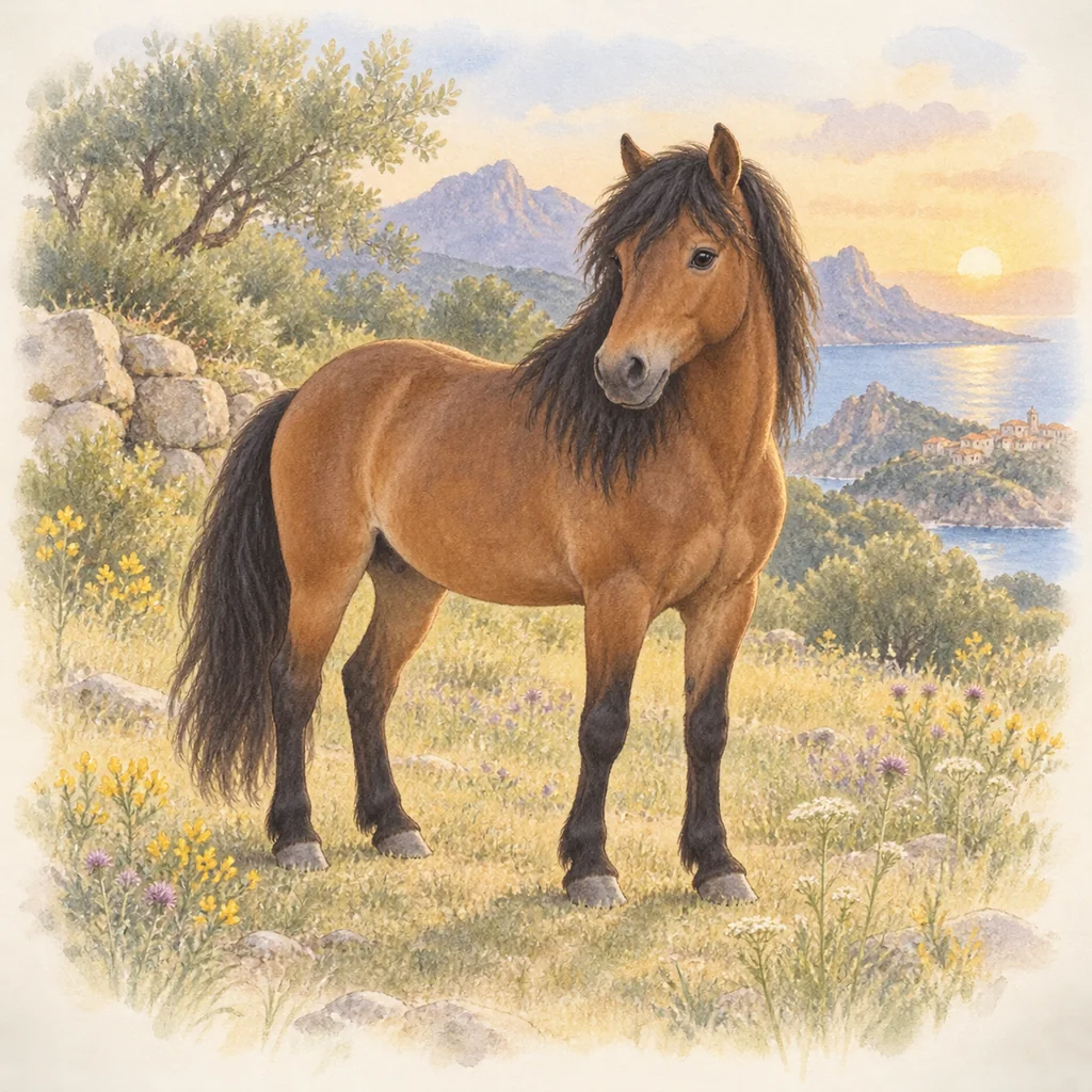 Cheval corse, illustration à l'aquarelle