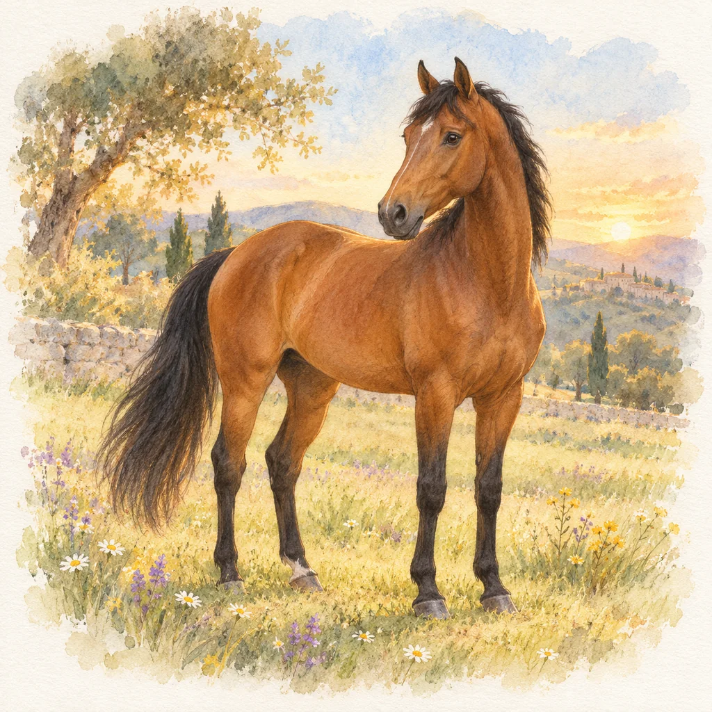 Cheval de dressage français, illustration à l'aquarelle
