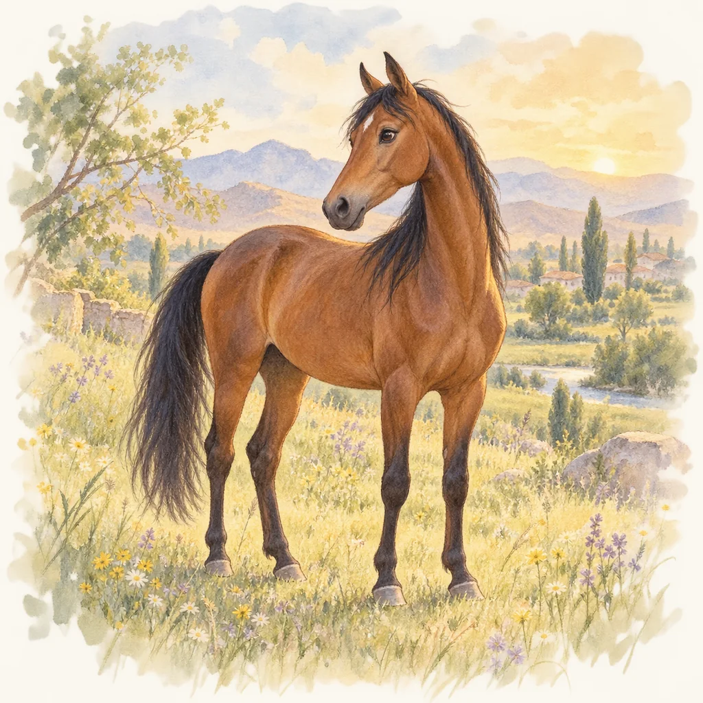 Cheval de Ferghana, illustration à l'aquarelle