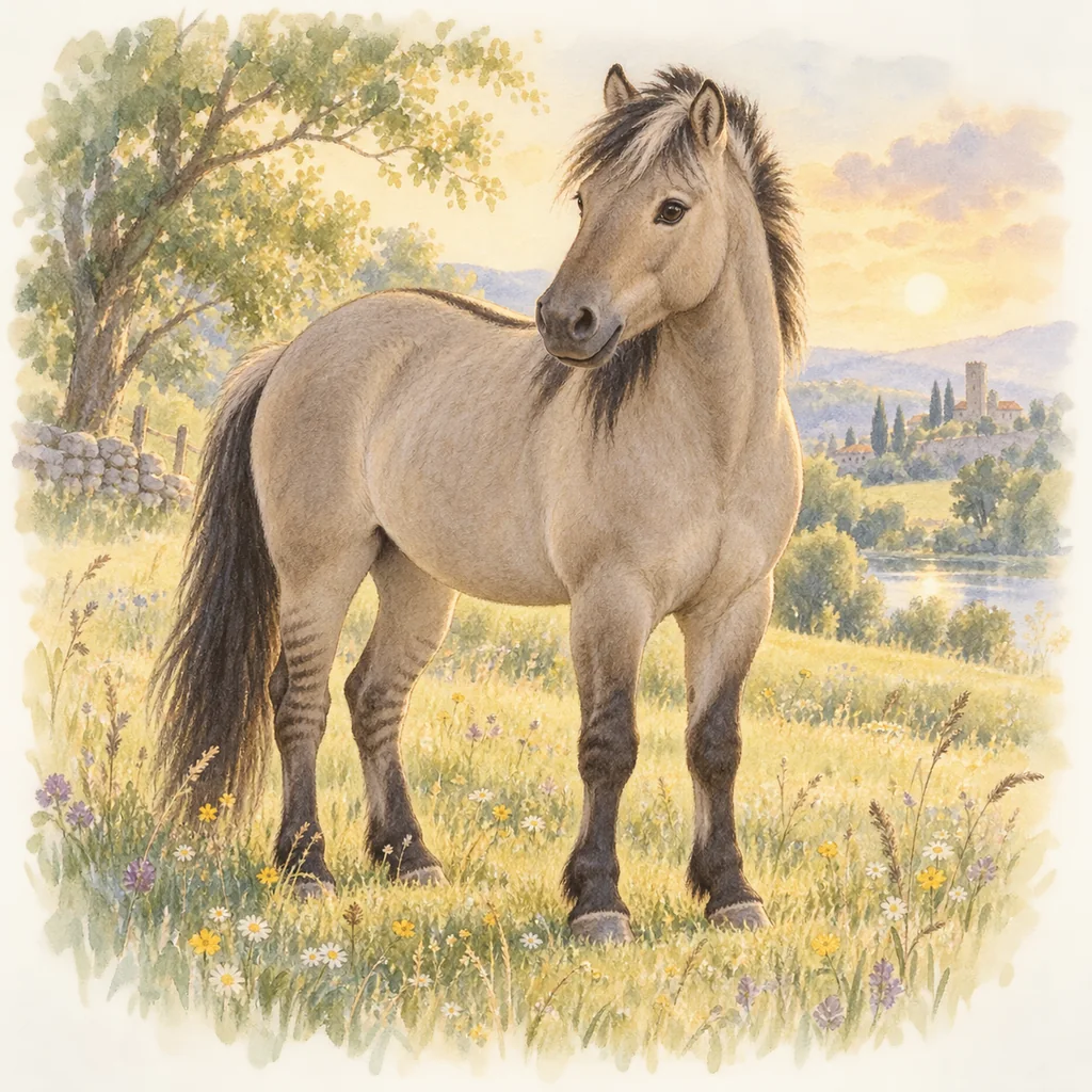 Cheval de Heck, illustration à l'aquarelle