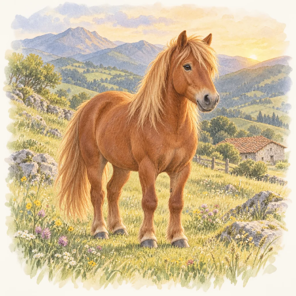 Cheval des montagnes du Pays basque, illustration à l'aquarelle