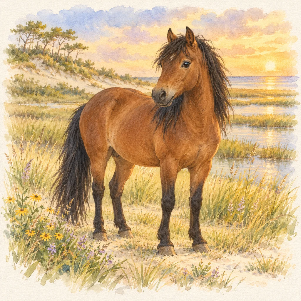 Cheval des Outer Banks, illustration à l'aquarelle