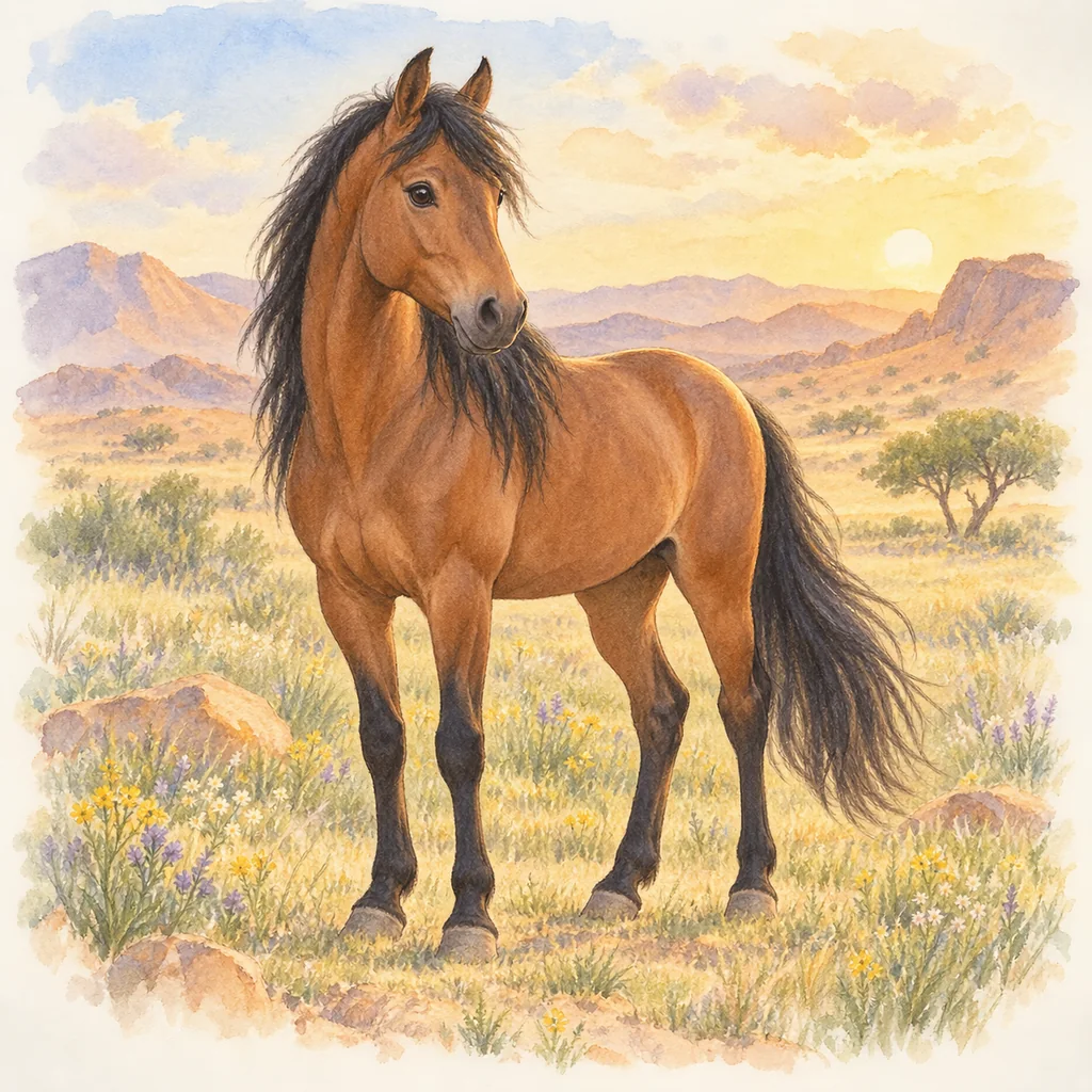 Cheval du Namib, illustration à l'aquarelle