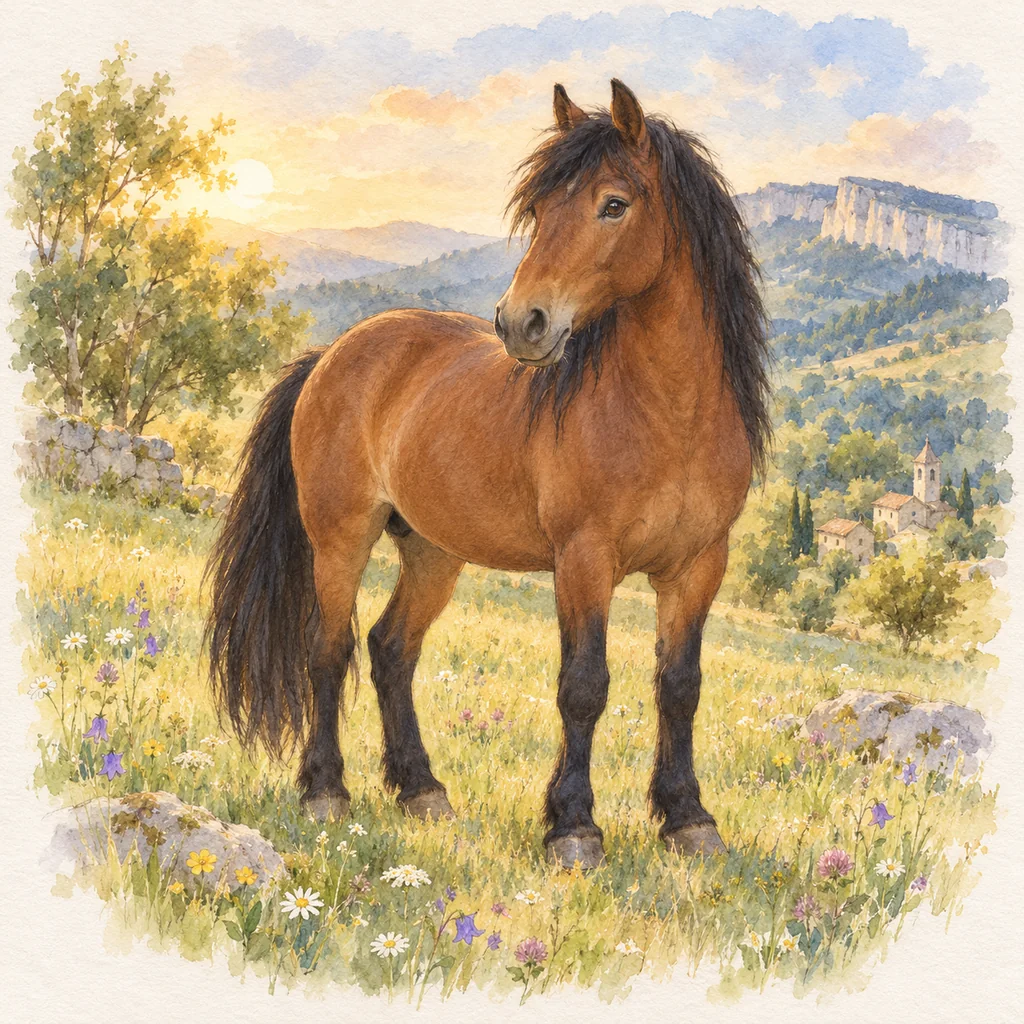 Cheval du Vercors de Barraquand, illustration à l'aquarelle