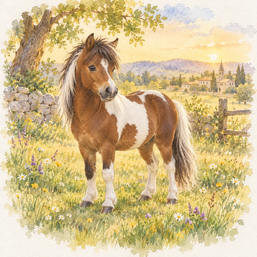 Cheval miniature français, illustration à l'aquarelle