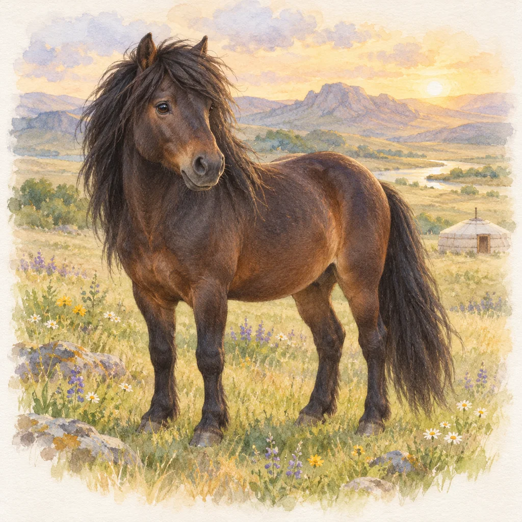Cheval mongol, illustration à l'aquarelle