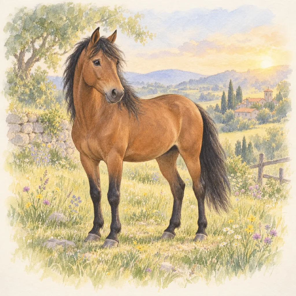 Cheval navarrin, illustration à l'aquarelle