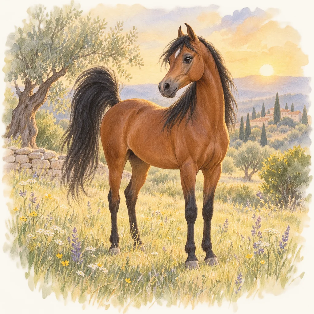 Pur-sang arabe, illustration à l'aquarelle