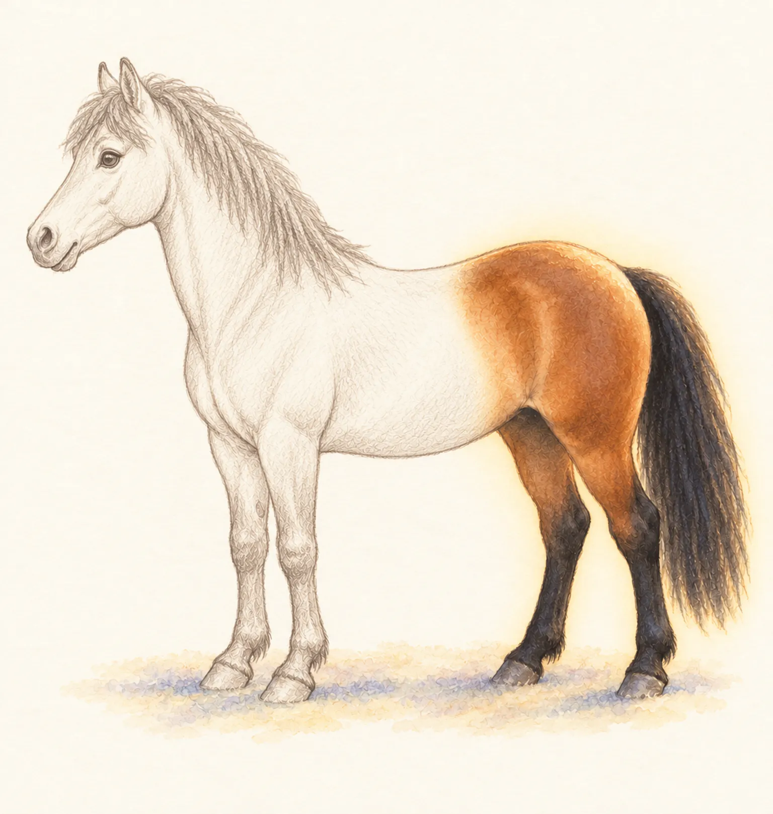 Poney de profil esquissé au crayon, seule l'arrière-main est peinte