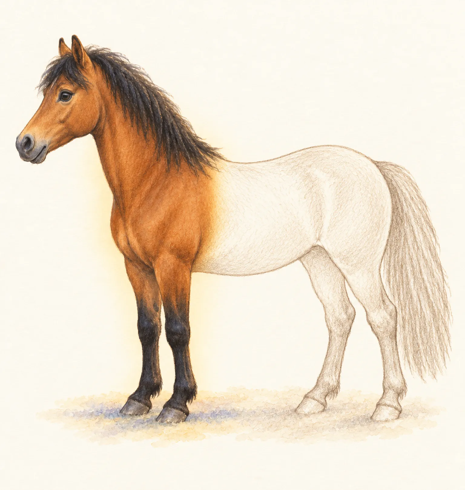 Poney de profil esquissé au crayon, l'avant-main et les antérieurs sont peints