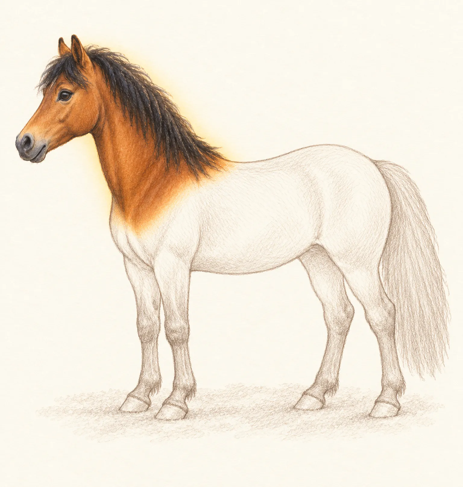 Poney de profil esquissé au crayon, seules l'encolure et la crinière sont peintes