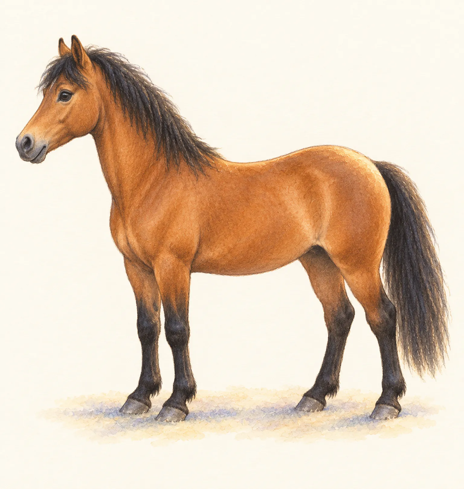 Un poney bai vu de profil, en entier : la planche des parties du corps