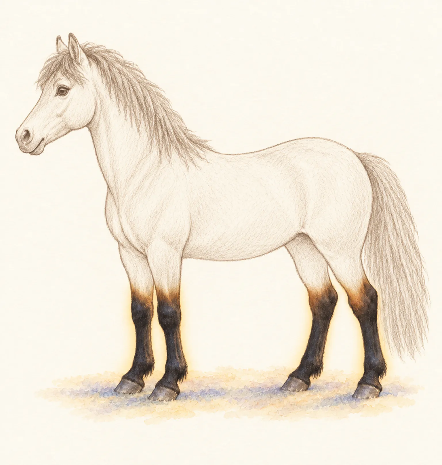 Poney de profil esquissé au crayon, le bas des membres est peint