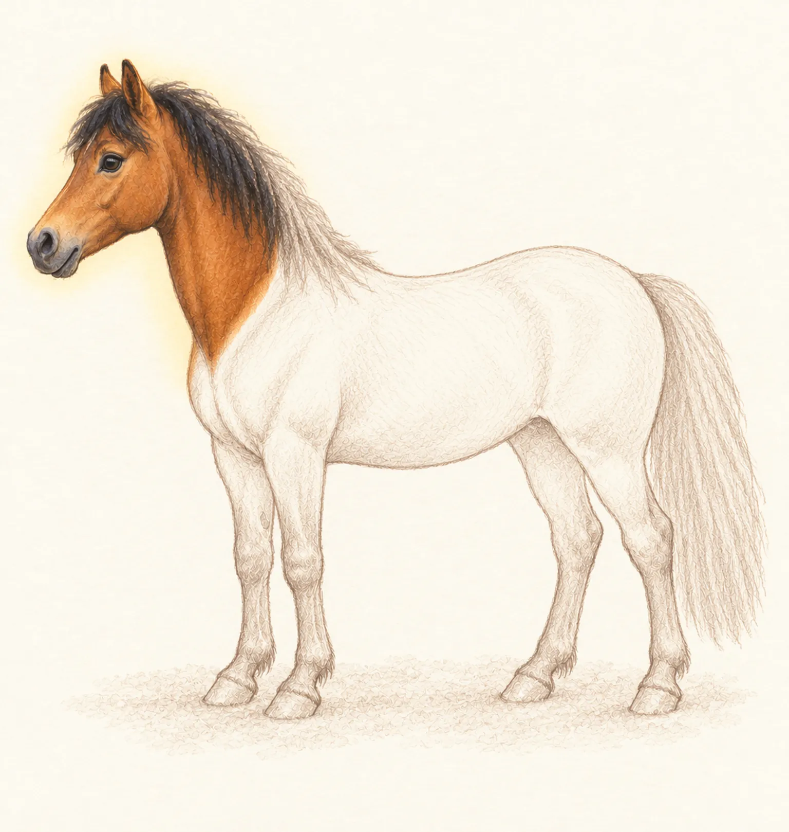 Poney de profil esquissé au crayon, seule la tête est peinte