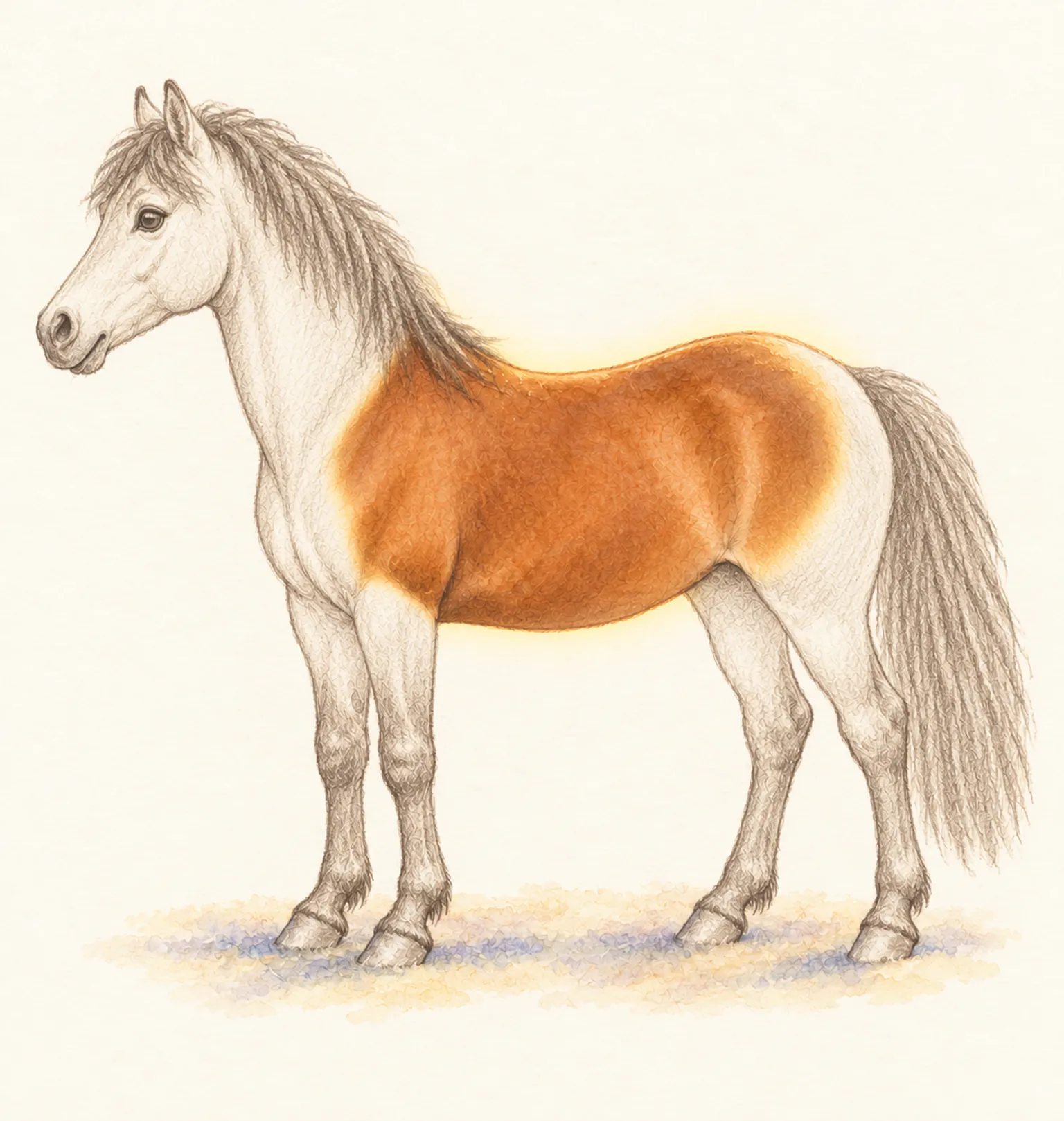Poney de profil esquissé au crayon, seul le tronc est peint