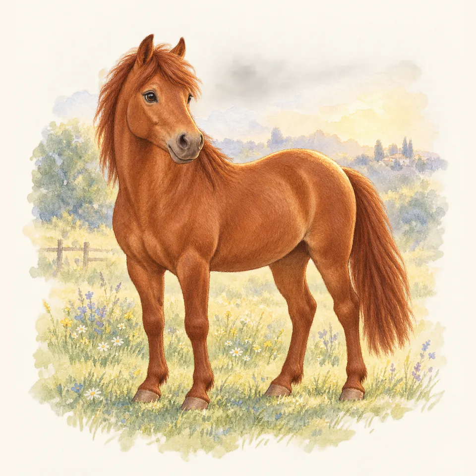Poney de robe alezan, vu de trois quarts dans un pré.
