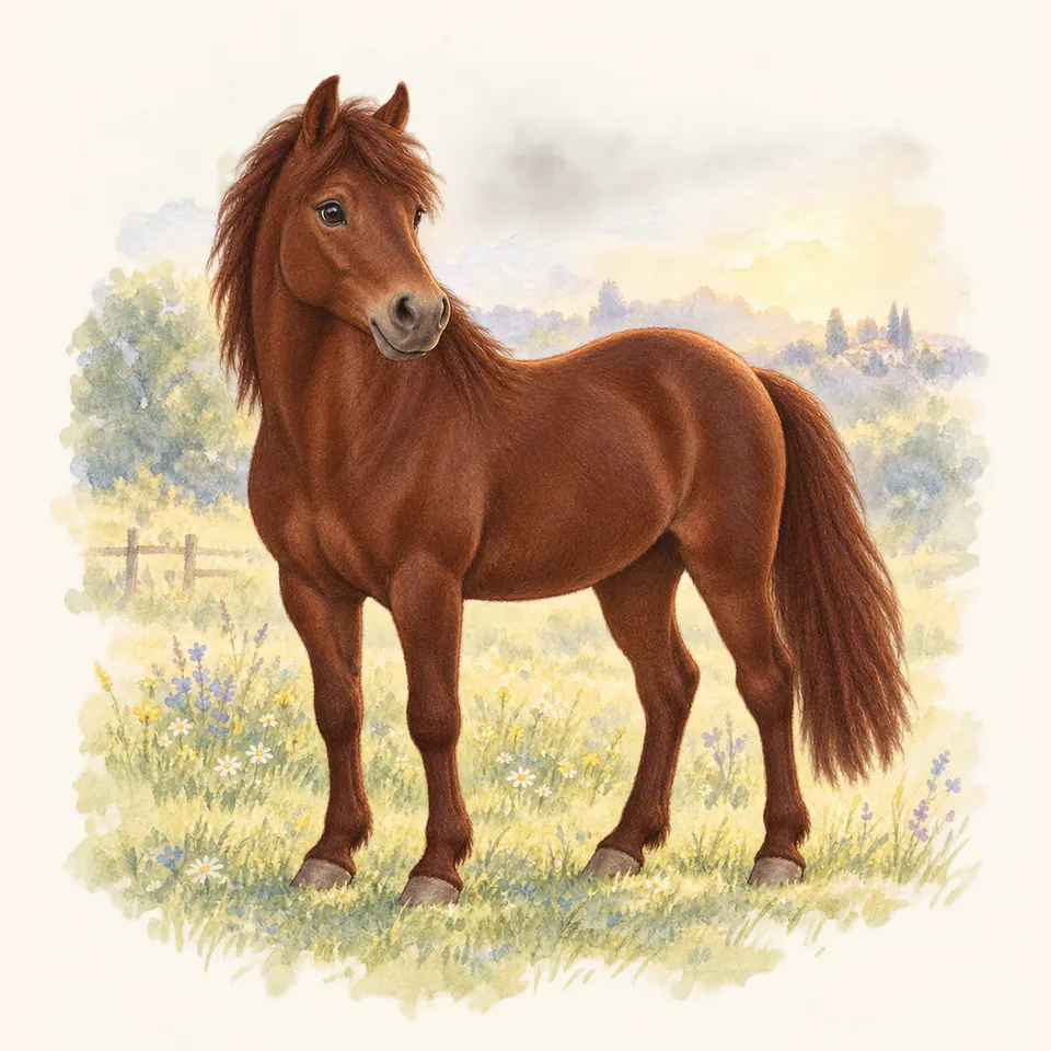 Poney de robe alezan brûlé, vu de trois quarts dans un pré.