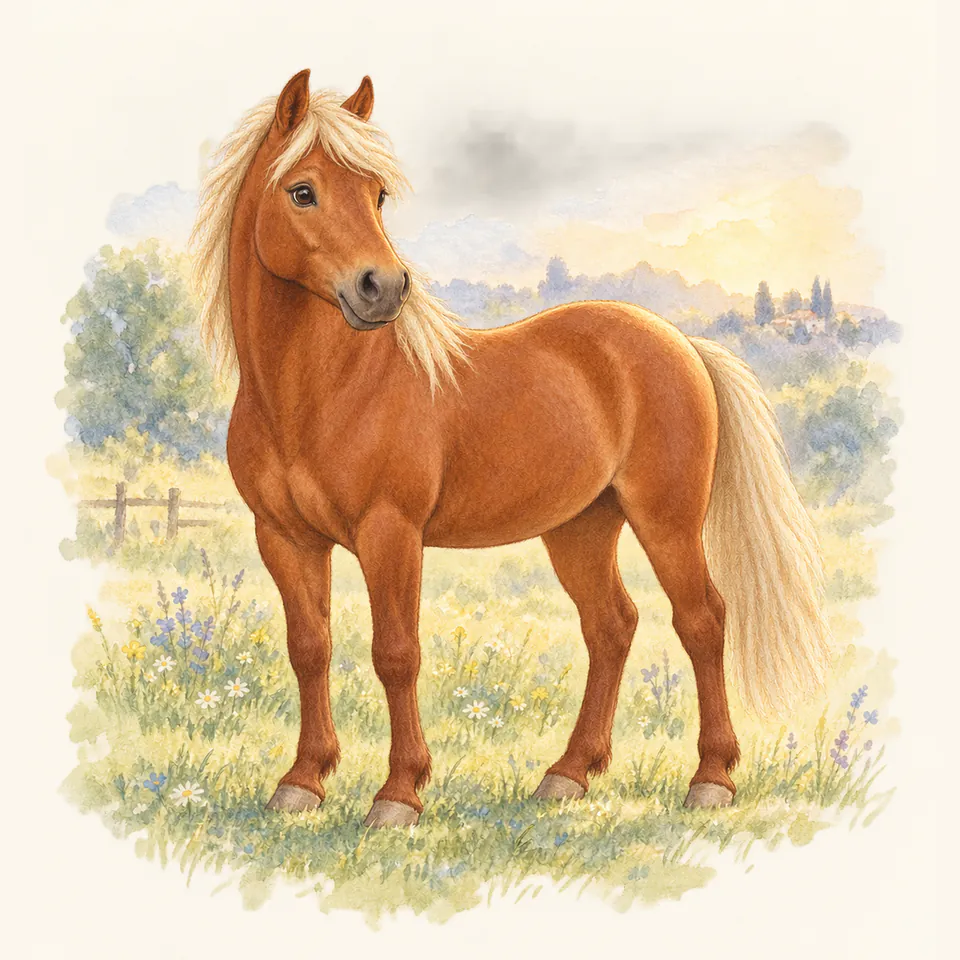 Poney de robe alezan crins lavés, vu de trois quarts dans un pré.