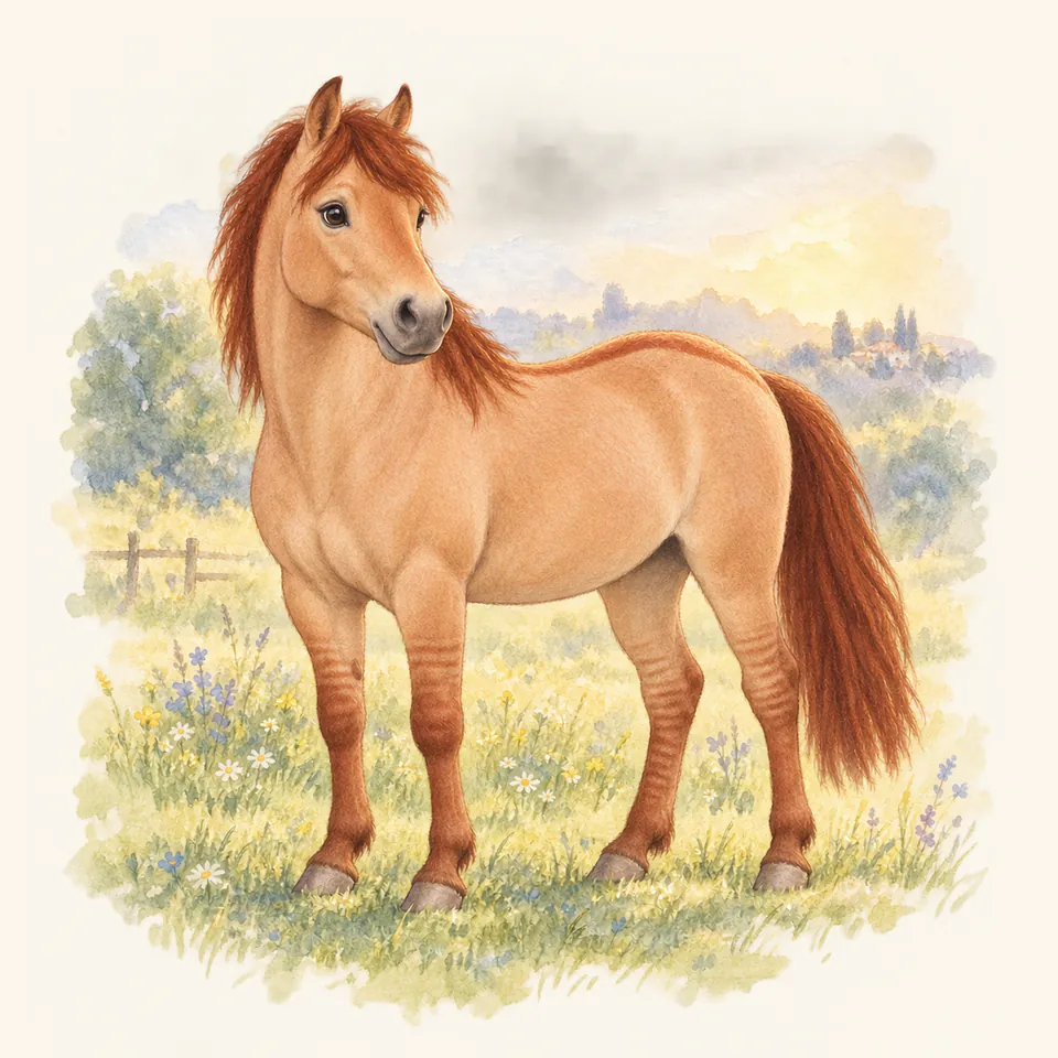 Poney de robe alezan dun, vu de trois quarts dans un pré.