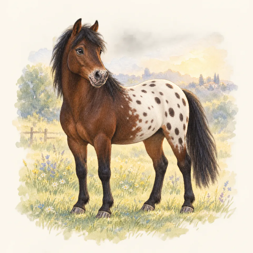 Poney de robe appaloosa à couverture, vu de trois quarts dans un pré.