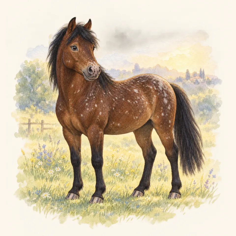 Poney de robe appaloosa flocon, vu de trois quarts dans un pré.