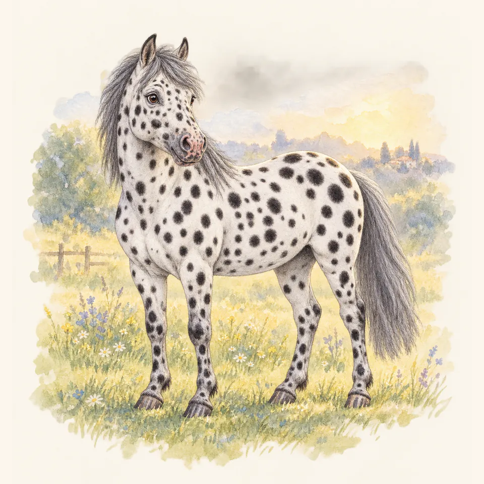 Poney de robe appaloosa léopard, vu de trois quarts dans un pré.