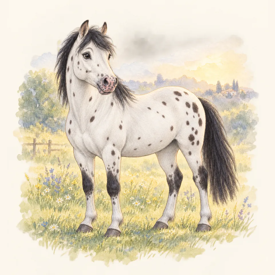 Poney de robe appaloosa peu de taches, vu de trois quarts dans un pré.