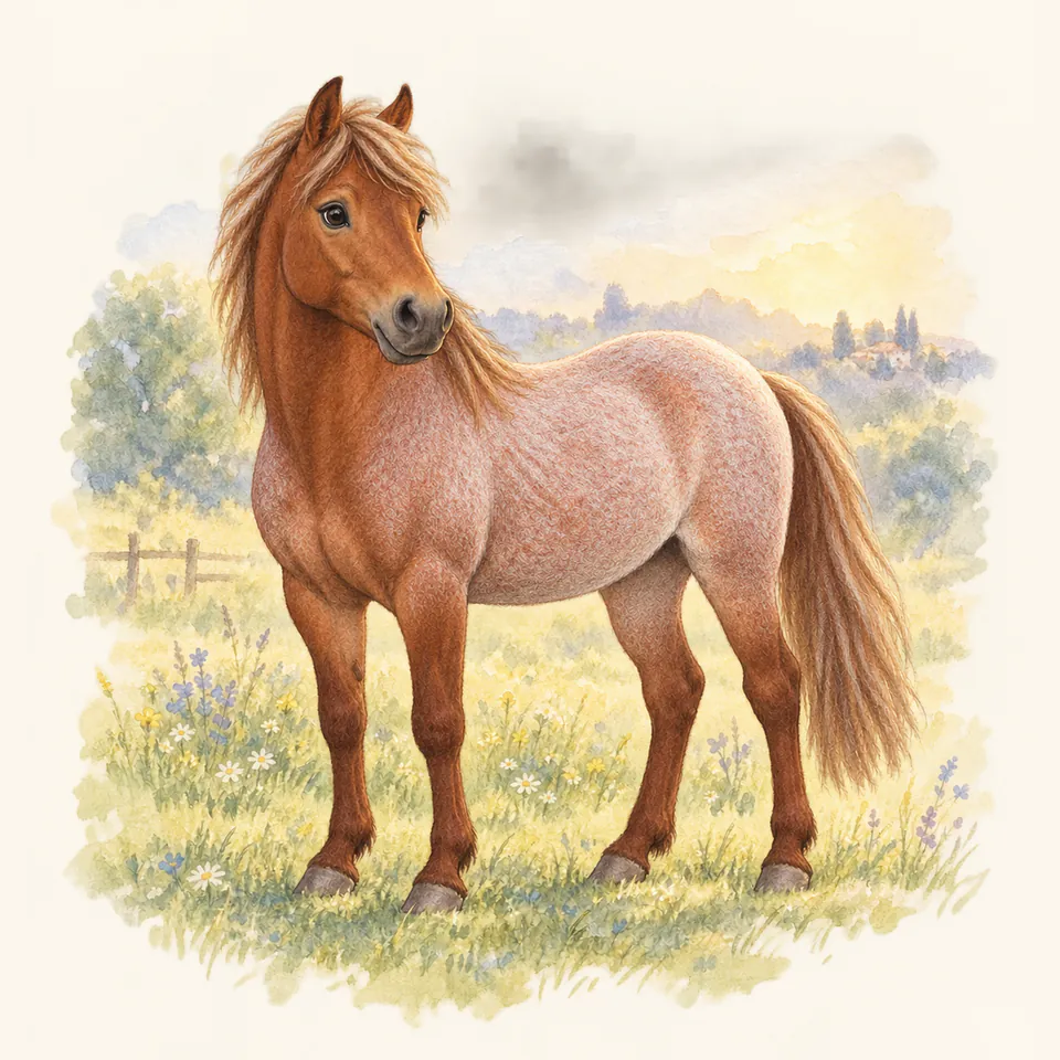 Poney de robe aubère, vu de trois quarts dans un pré.