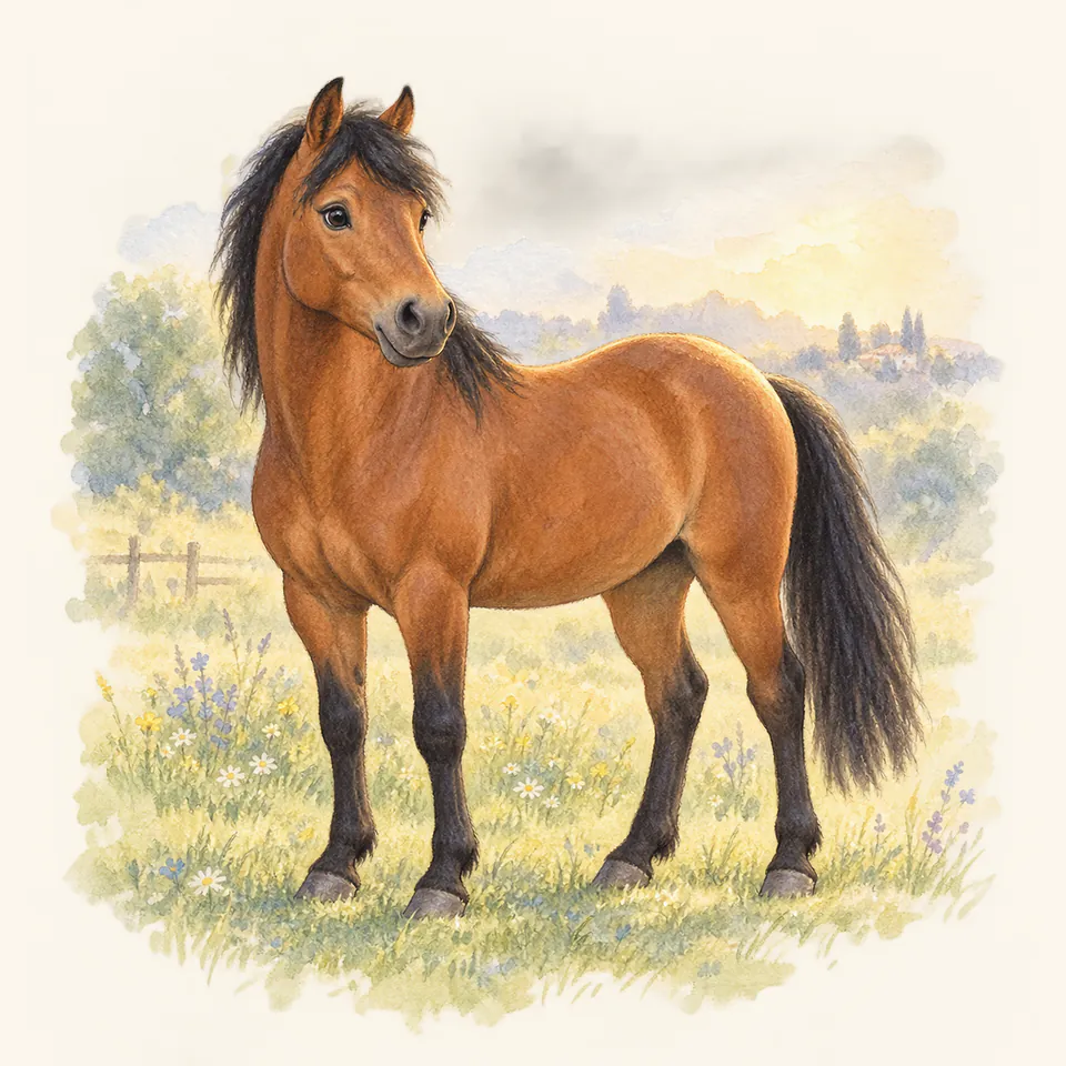 Poney de robe bai, vu de trois quarts dans un pré.