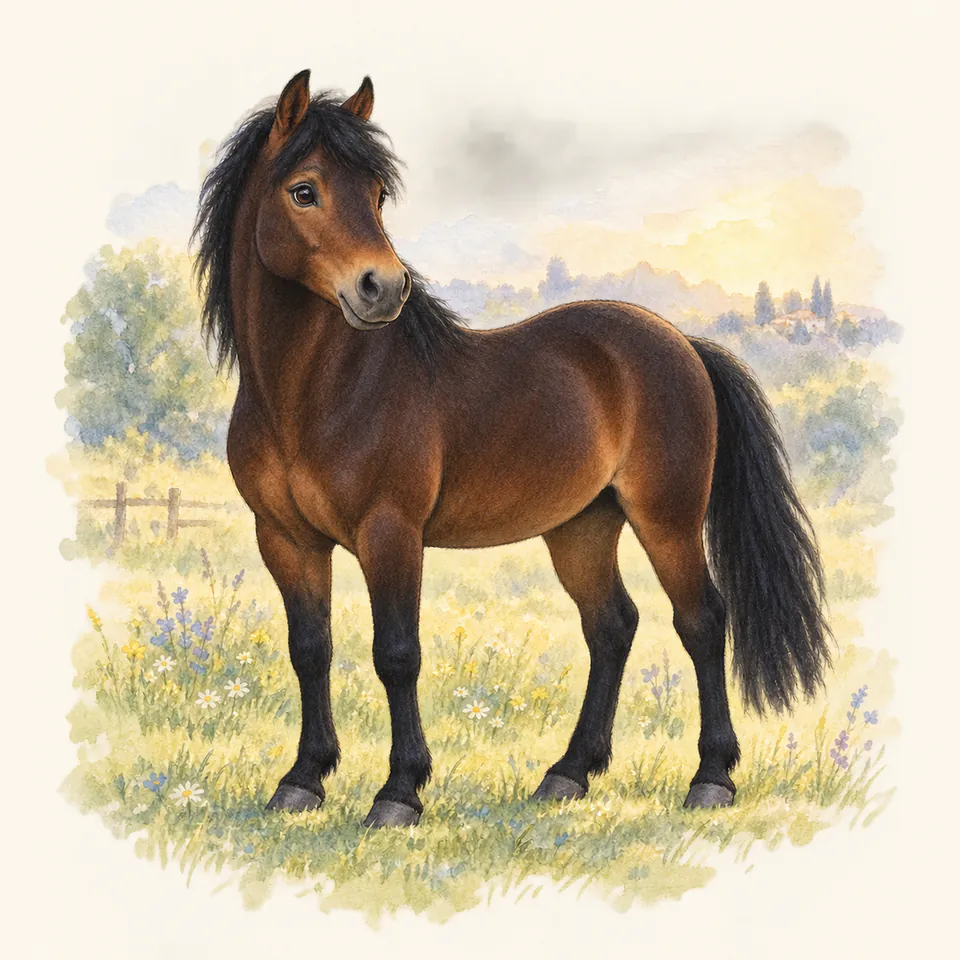 Poney de robe bai brun, vu de trois quarts dans un pré.
