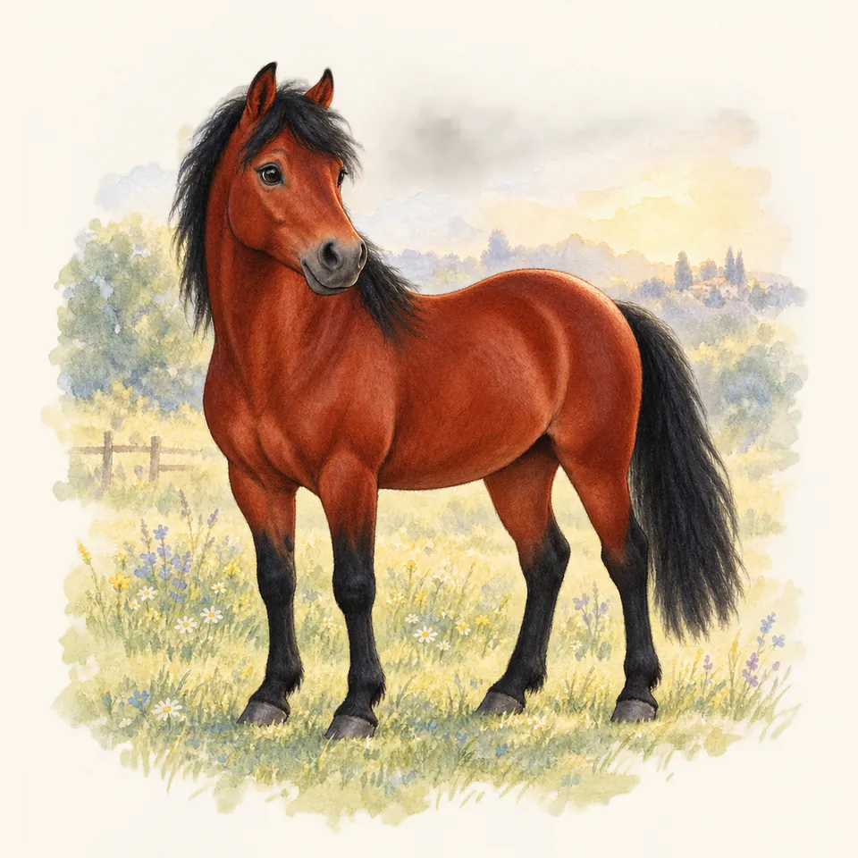 Poney de robe bai cerise, vu de trois quarts dans un pré.