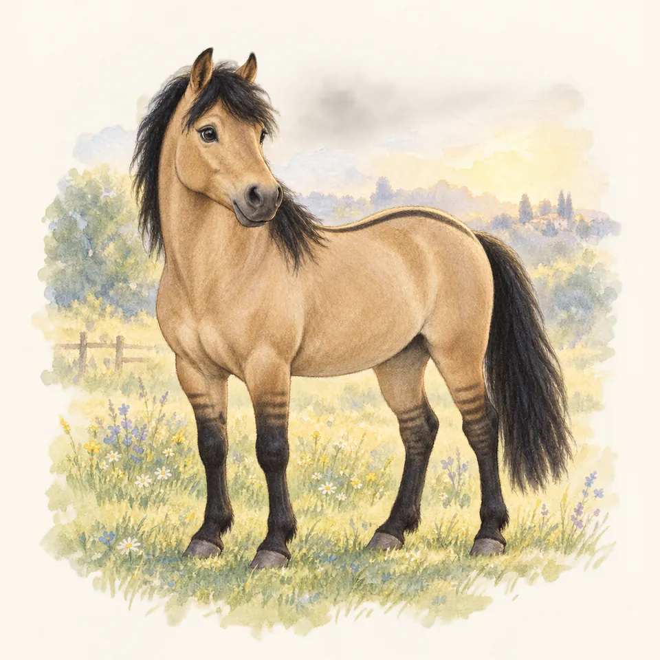 Poney de robe bai dun, vu de trois quarts dans un pré.