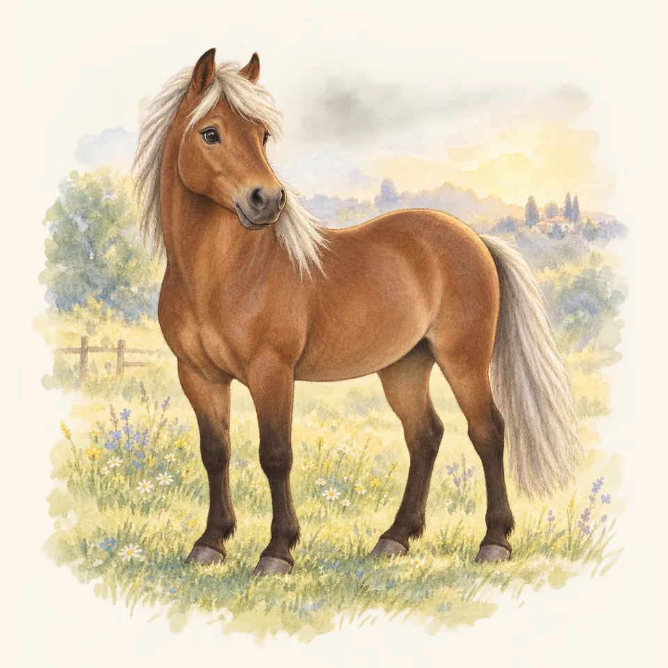Poney de robe bai silver, vu de trois quarts dans un pré.