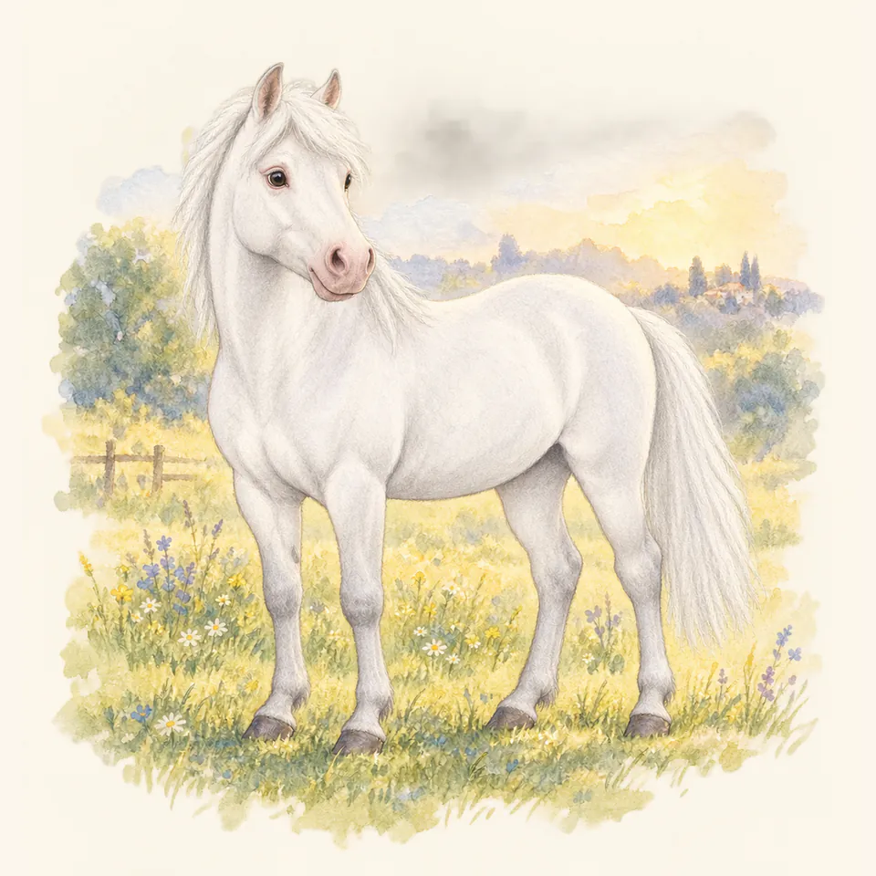 Poney de robe blanc, vu de trois quarts dans un pré.