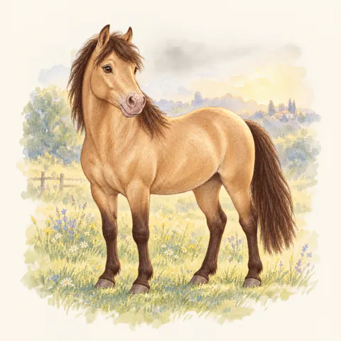 Poney de robe champagne ambré, vu de trois quarts dans un pré.