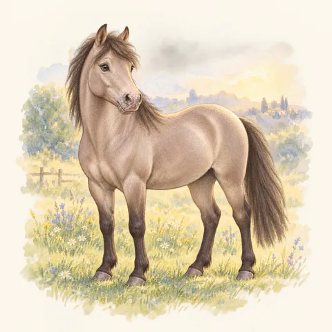 Poney de robe champagne classique, vu de trois quarts dans un pré.
