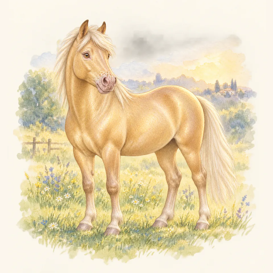 Poney de robe champagne doré, vu de trois quarts dans un pré.