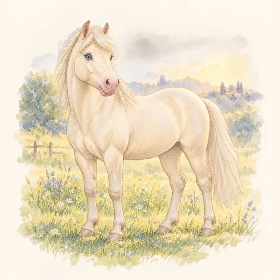 Poney de robe crème (cremello), vu de trois quarts dans un pré.