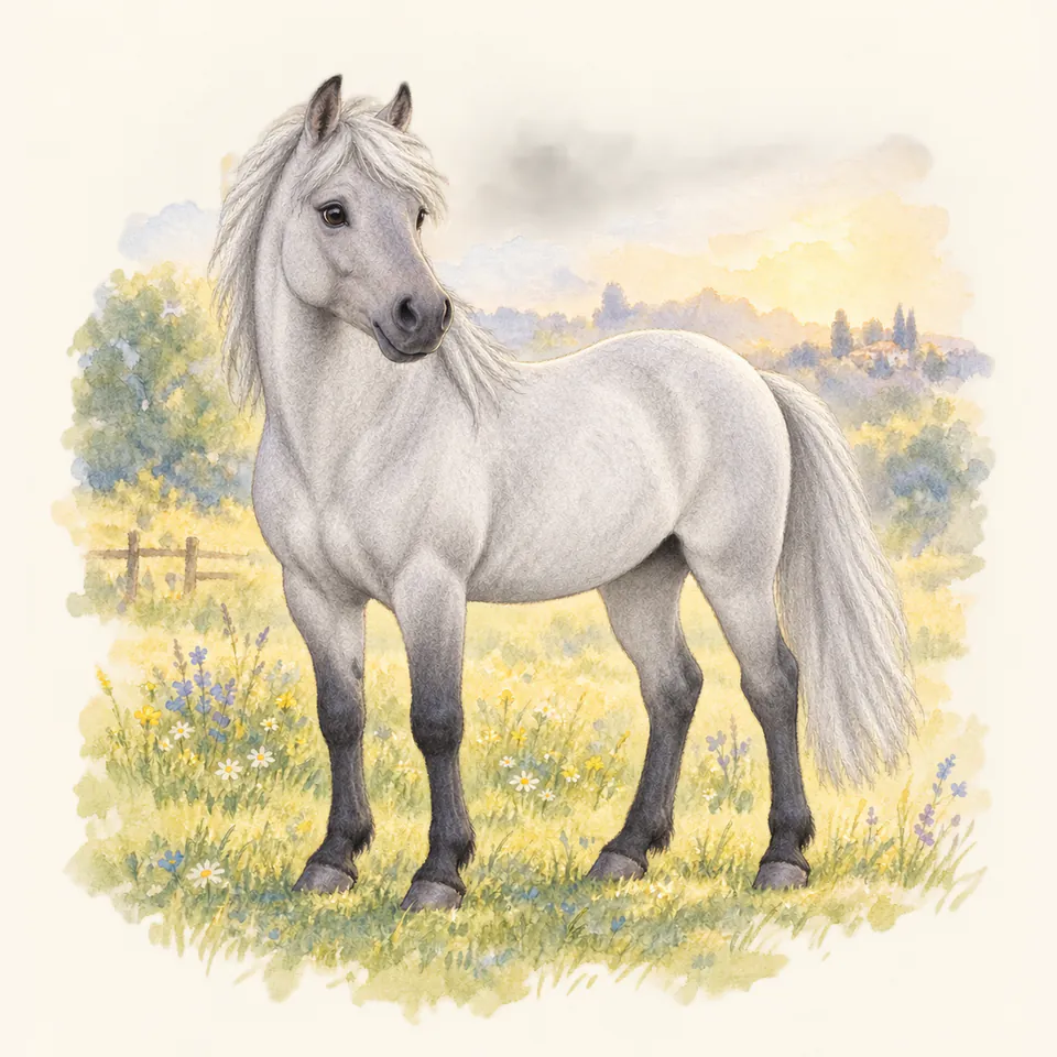 Poney de robe gris, vu de trois quarts dans un pré.