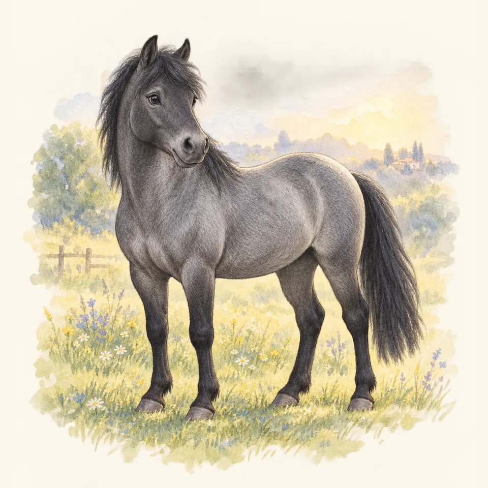 Poney de robe gris fer, vu de trois quarts dans un pré.