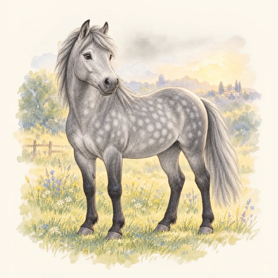 Poney de robe gris pommelé, vu de trois quarts dans un pré.