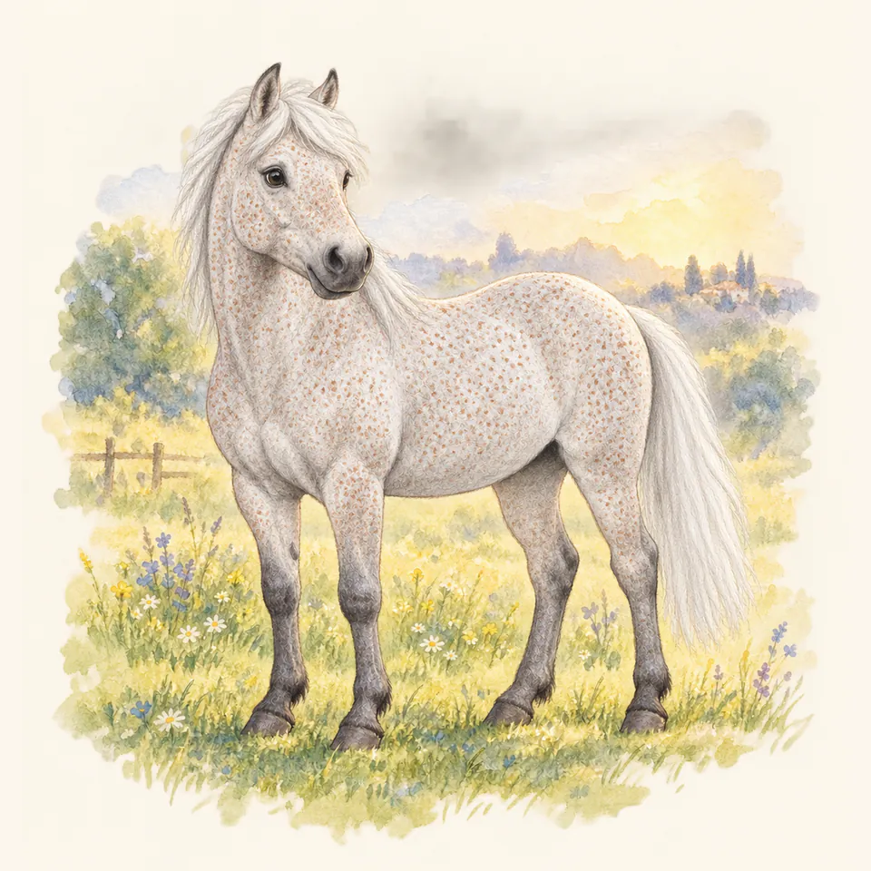 Poney de robe gris truité, vu de trois quarts dans un pré.