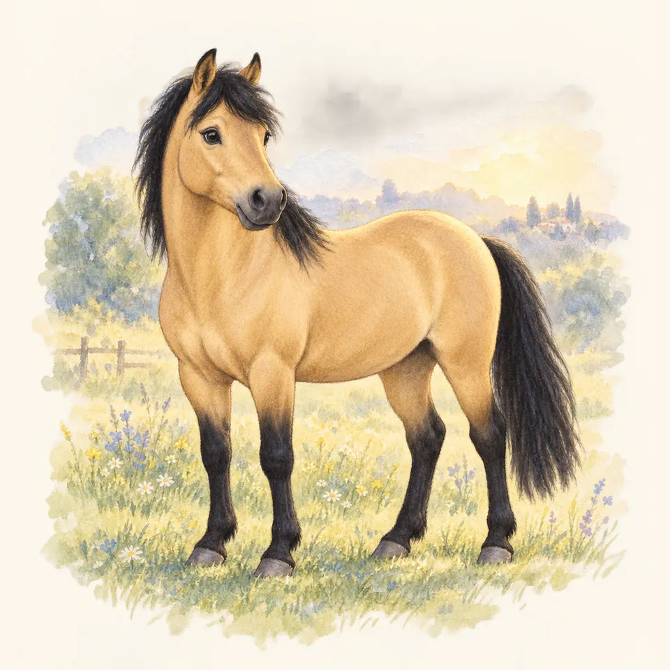Poney de robe isabelle, vu de trois quarts dans un pré.