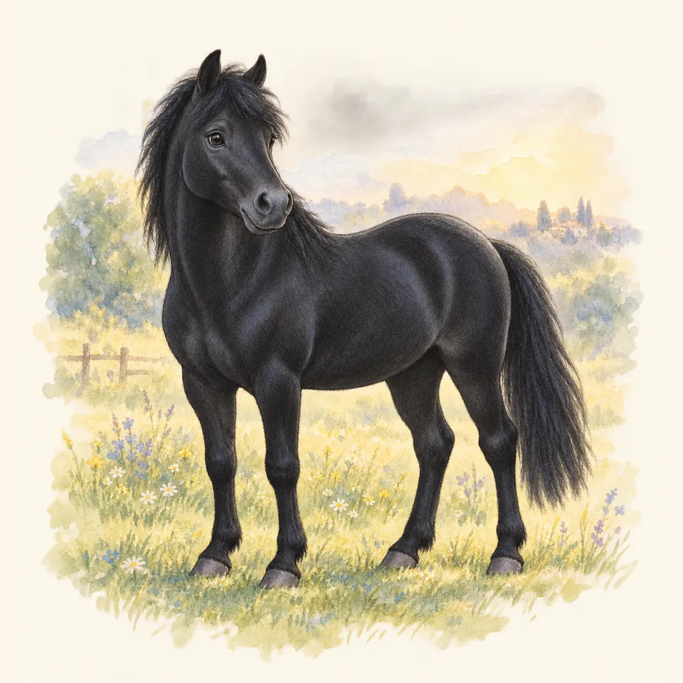 Poney de robe noir, vu de trois quarts dans un pré.