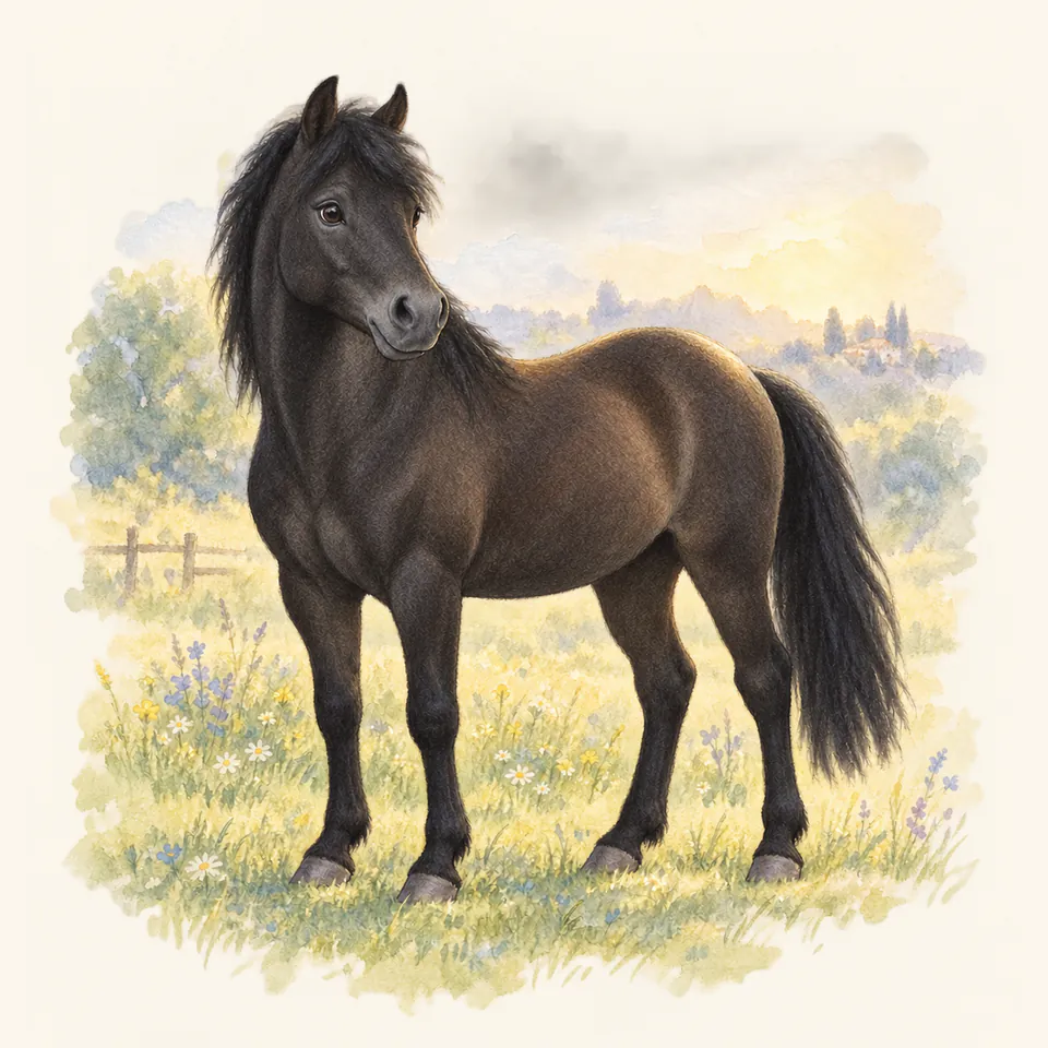 Poney de robe noir fumé, vu de trois quarts dans un pré.
