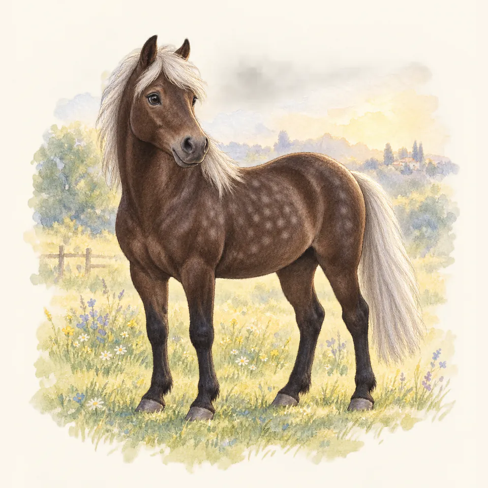 Poney de robe noir silver, vu de trois quarts dans un pré.