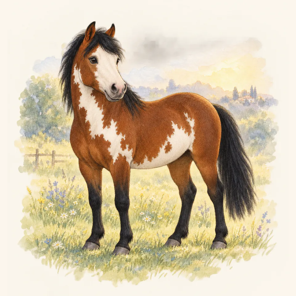 Poney de robe pie overo, vu de trois quarts dans un pré.